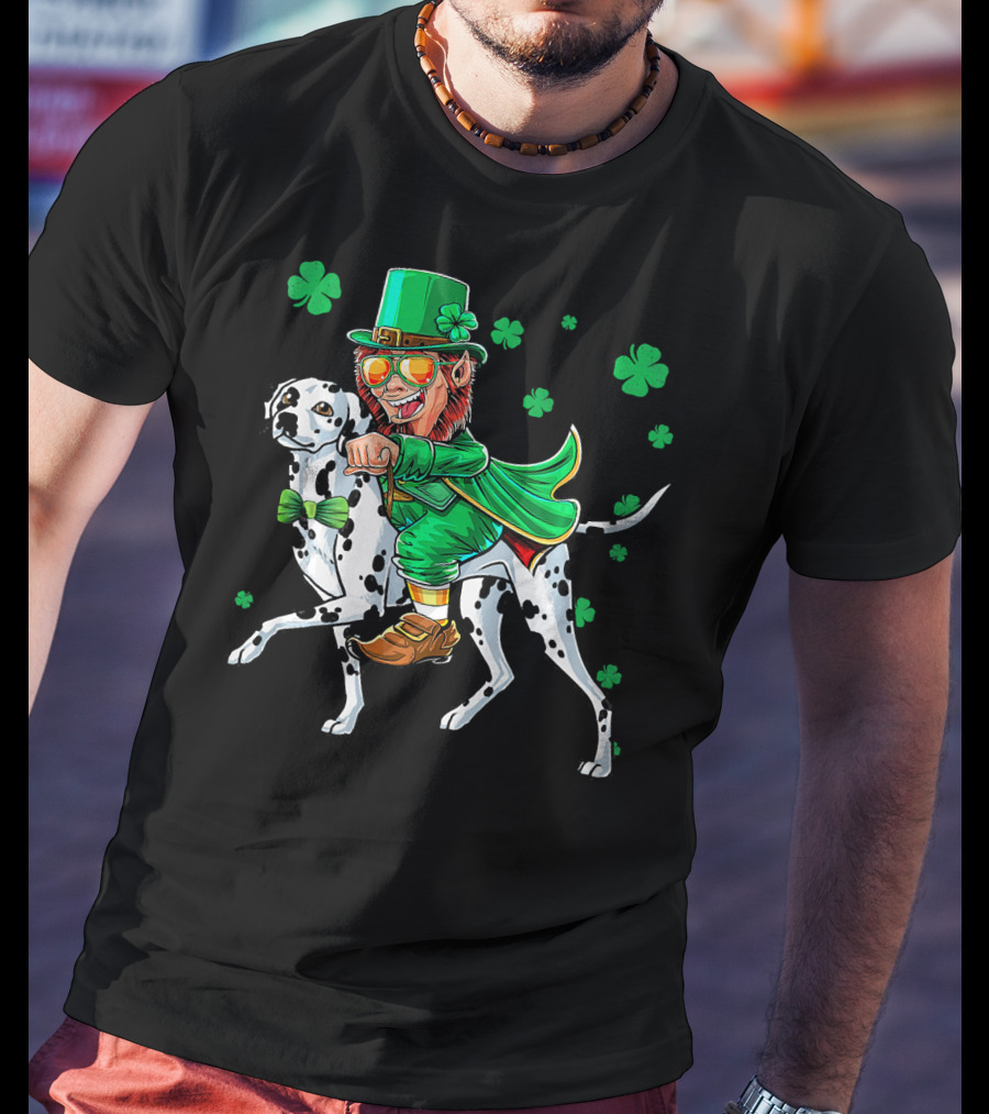 Leprechaun Riding Dalmatian With Shamrocks St. Patrick's Day T-Shirt