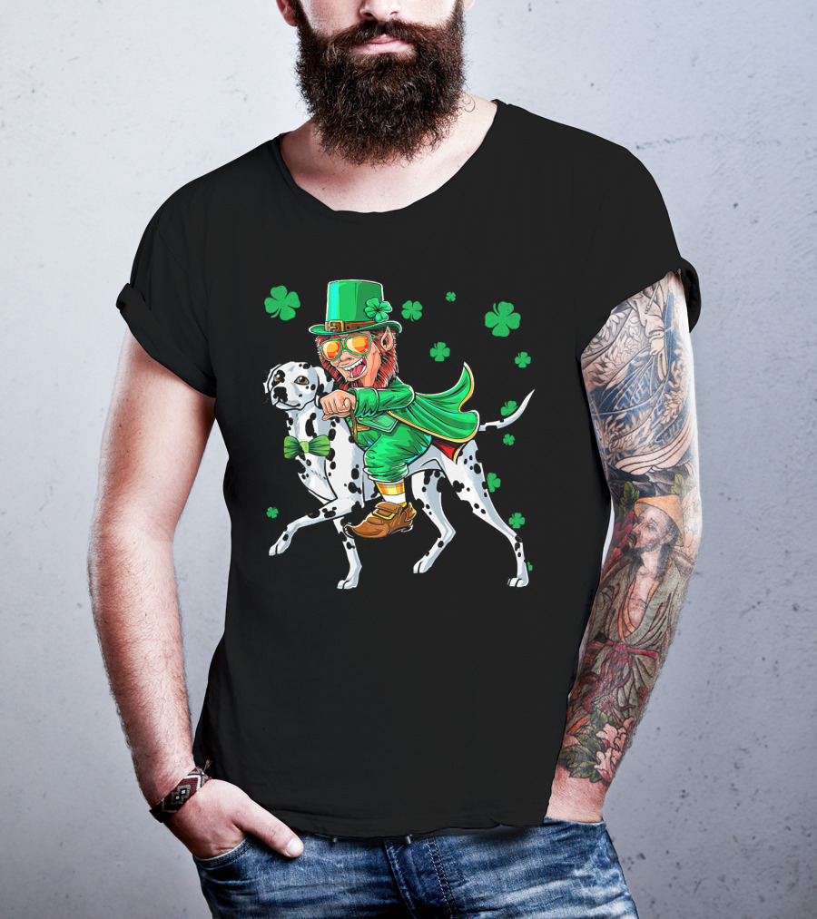Leprechaun Riding Dalmatian With Shamrocks St. Patrick's Day T-Shirt