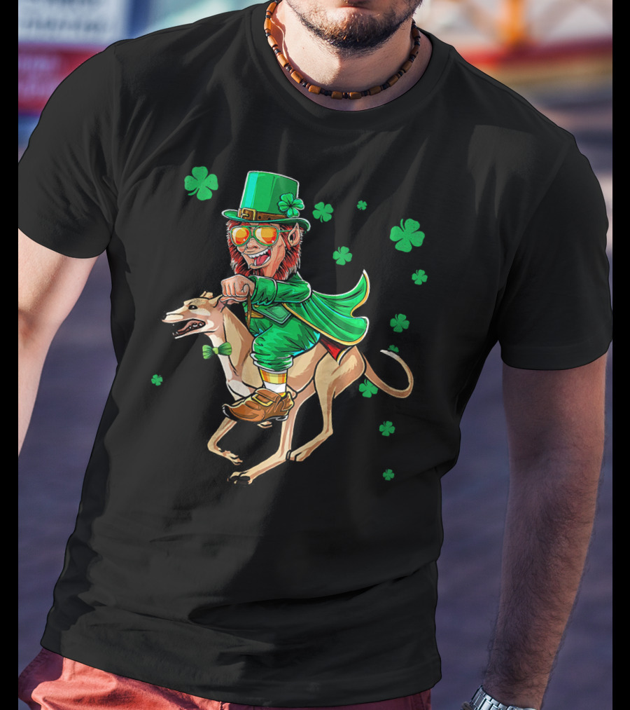 Leprechaun Riding Greyhound With Shamrocks St. Patrick's Day T-Shirt