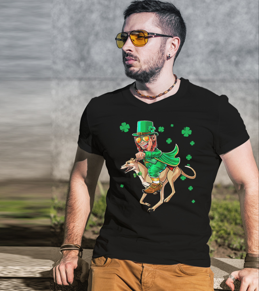Leprechaun Riding Greyhound With Shamrocks St. Patrick's Day T-Shirt