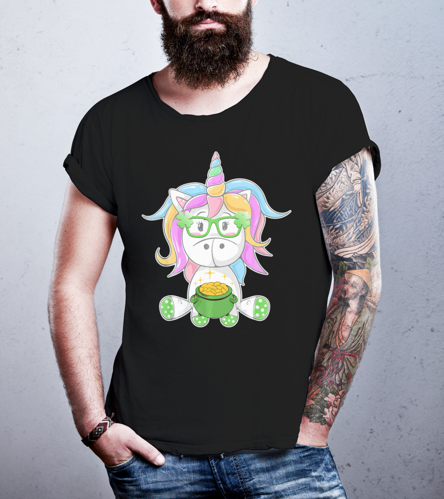 Unicorn Face Saint Patricks Day Shamrock Glasses Pot Of Gold T-Shirt