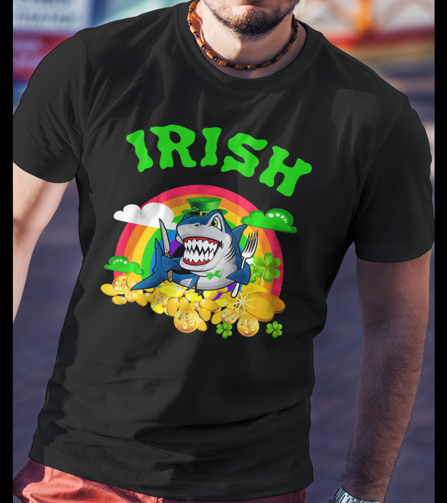 Irish Shark Funny St Patricks Day Leprechaun Rainbow Coins T-Shirt