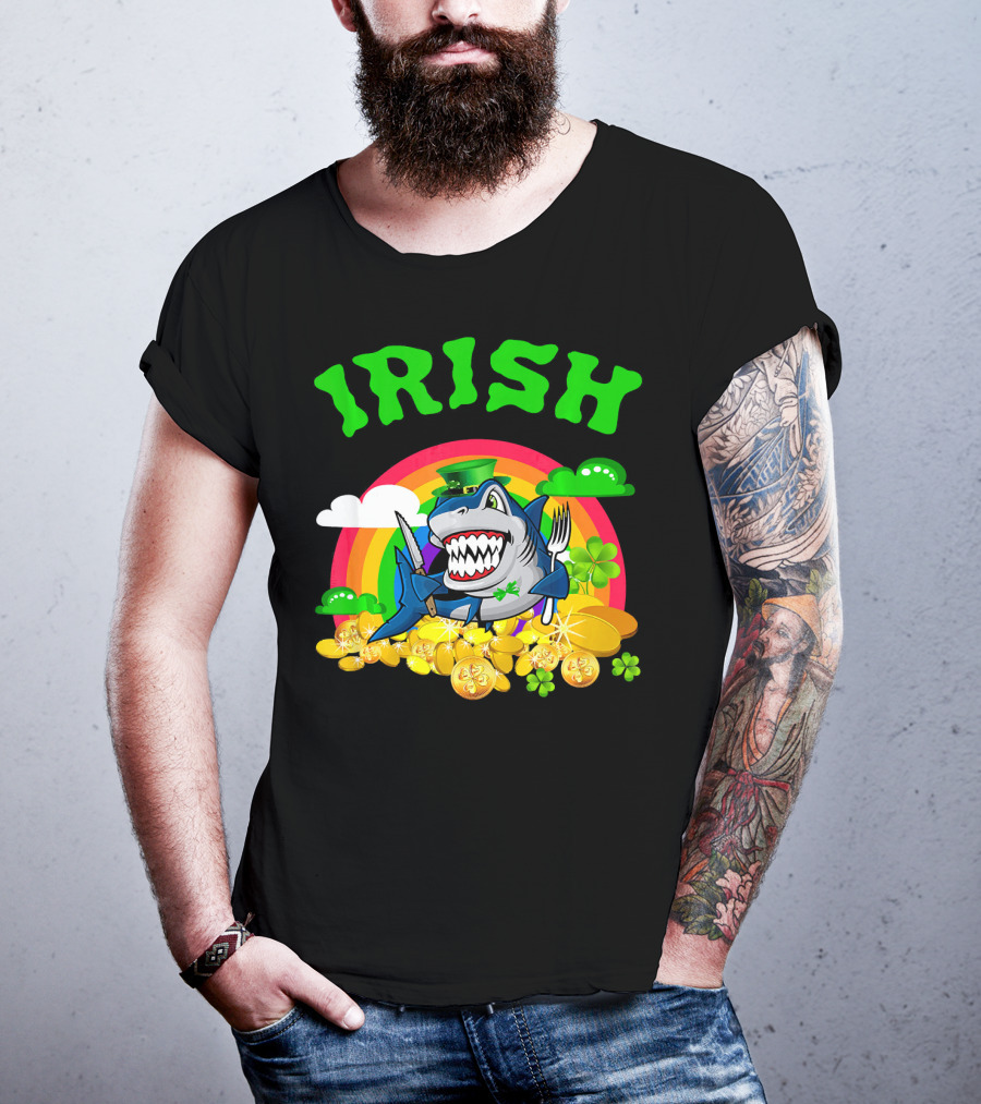 Irish Shark Funny St Patricks Day Leprechaun Rainbow Coins T-Shirt