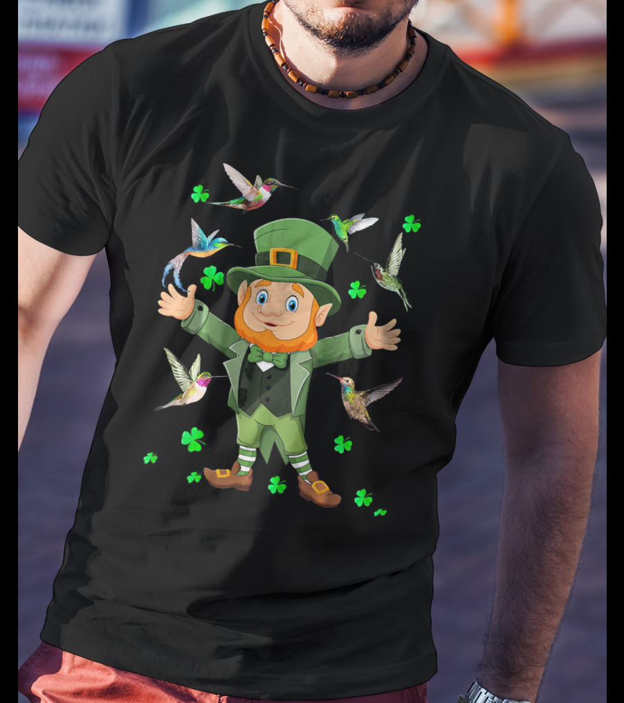 St Patricks Day Leprechaun With Hummingbirds And Shamrocks T-Shirt