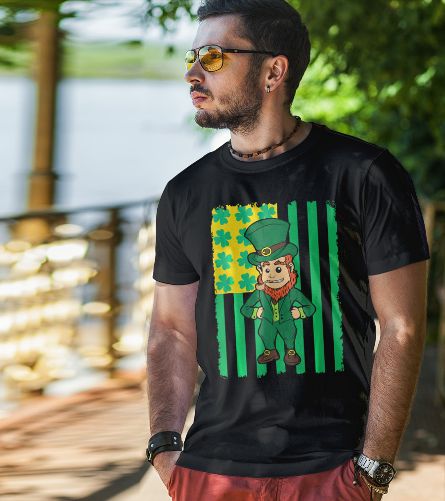 Irish American Leprechaun With Clover Flag T-Shirt