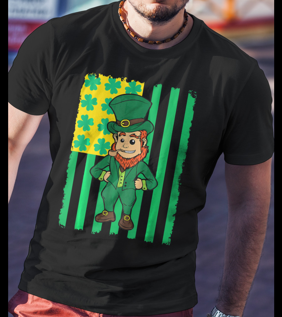 Irish American Leprechaun With Clover Flag T-Shirt
