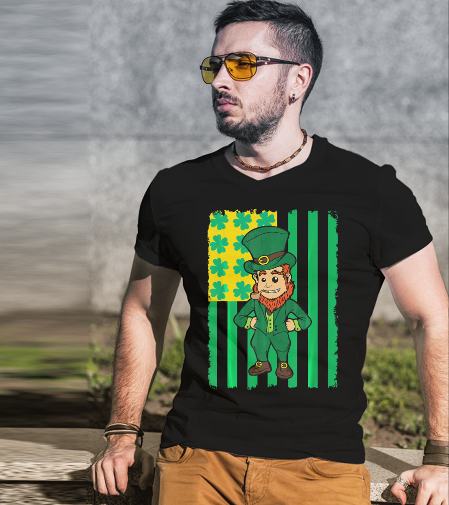 Irish American Leprechaun With Clover Flag T-Shirt