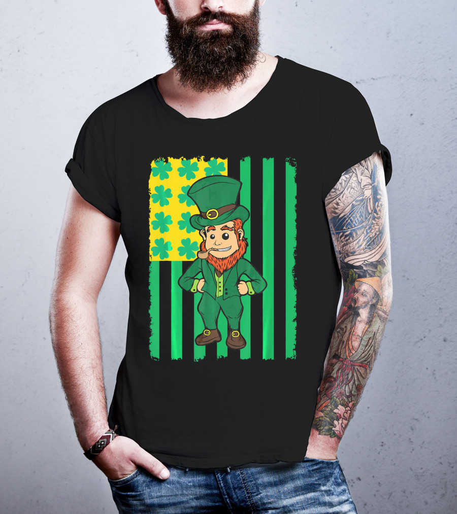 Irish American Leprechaun With Clover Flag T-Shirt