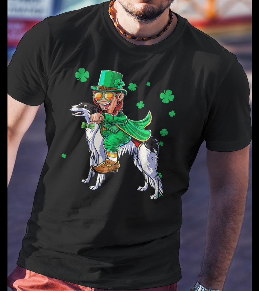 Leprechaun Riding Borzoi With Shamrocks St. Patrick's Day T-Shirt