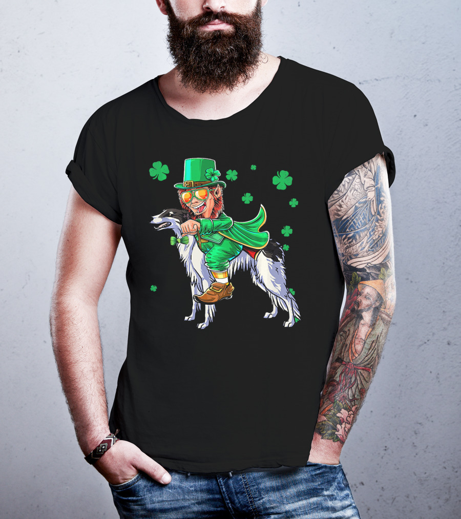 Leprechaun Riding Borzoi With Shamrocks St. Patrick's Day T-Shirt