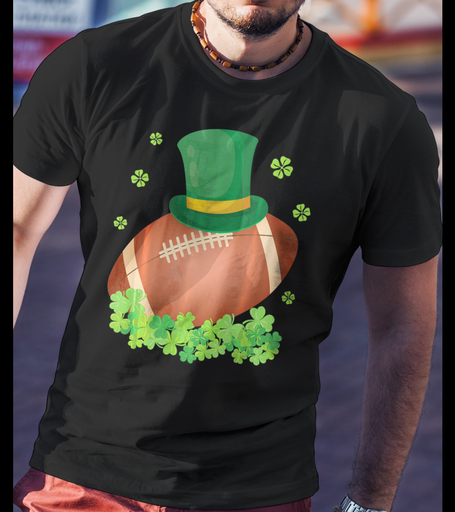 Leprechaun Hat On Football Surrounded By Clovers T-Shirt