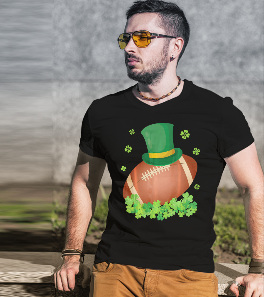 Leprechaun Hat On Football Surrounded By Clovers T-Shirt