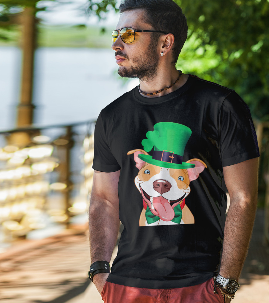 Irish Pitbull St Patricks Day Funny Leprechaun Hat Shamrock T-Shirt
