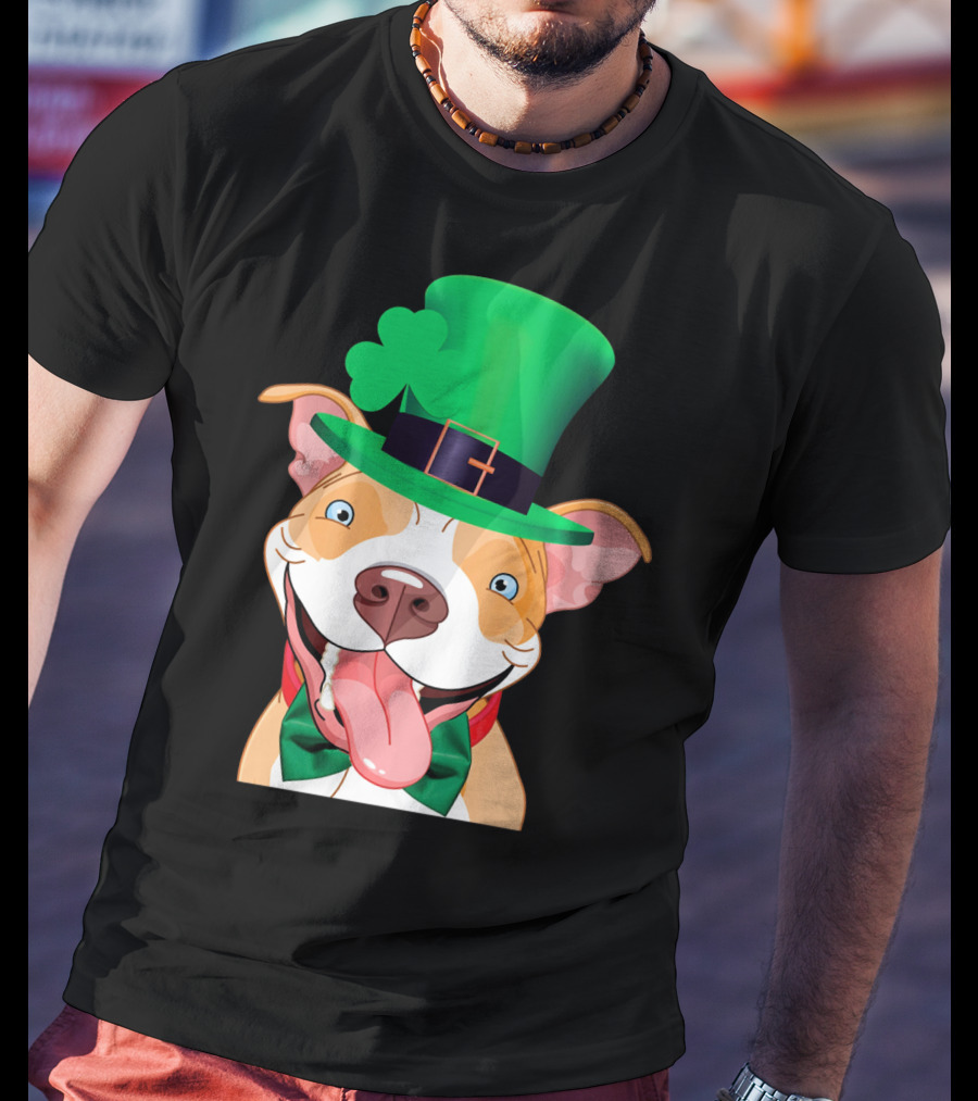 Irish Pitbull St Patricks Day Funny Leprechaun Hat Shamrock T-Shirt