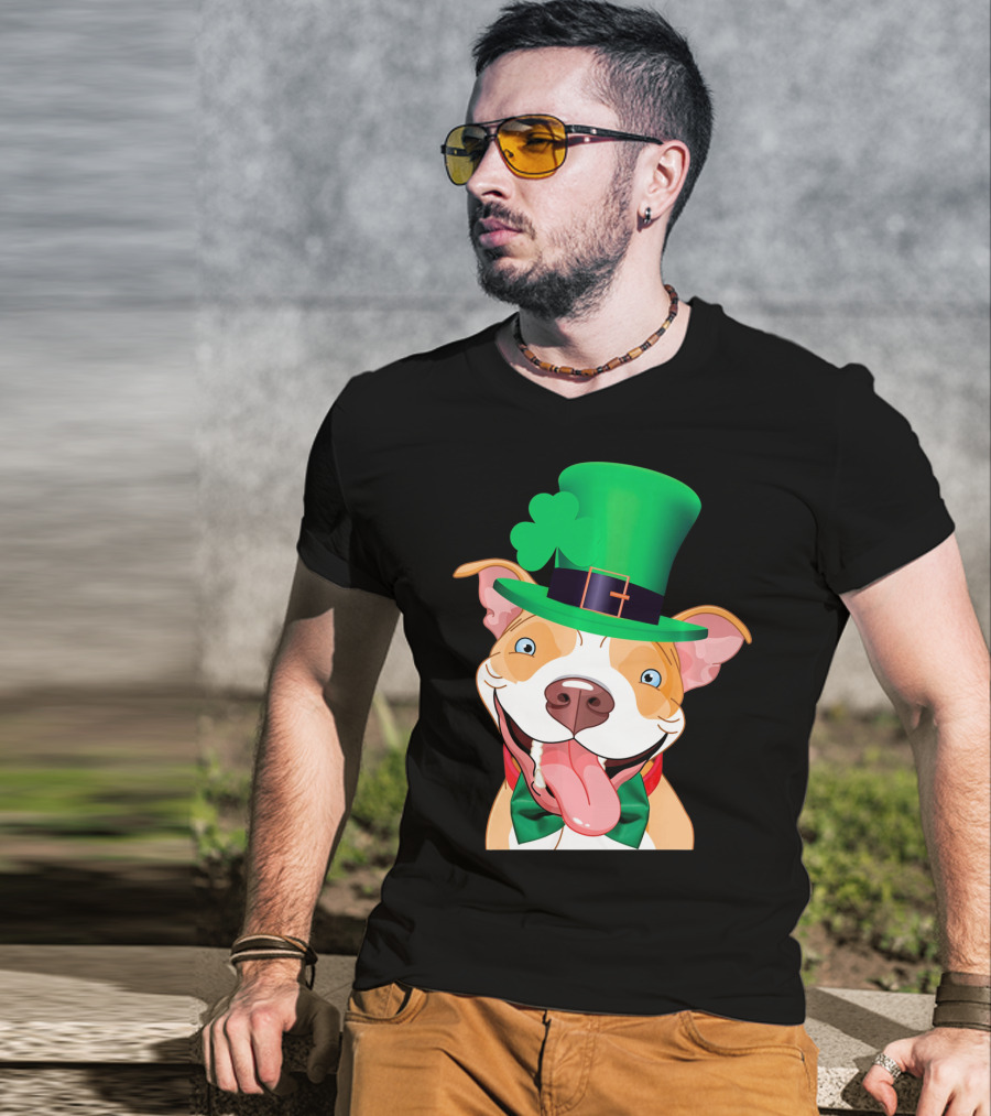 Irish Pitbull St Patricks Day Funny Leprechaun Hat Shamrock T-Shirt