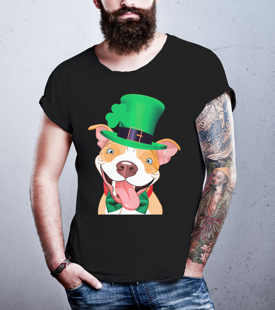 Irish Pitbull St Patricks Day Funny Leprechaun Hat Shamrock T-Shirt