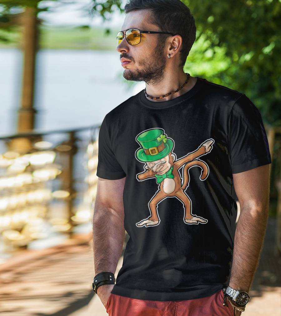 Dabbing Monkey St. Patrick's Day Leprechaun Hat Green Bow Tie T-Shirt