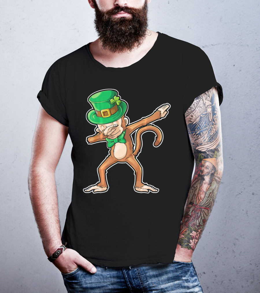 Dabbing Monkey St. Patrick's Day Leprechaun Hat Green Bow Tie T-Shirt