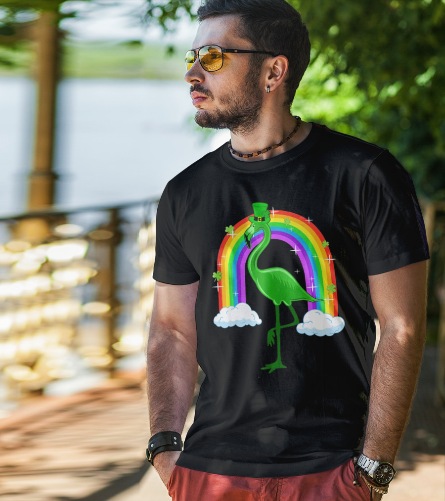 Leprechaun Flamingo With Rainbow And Clovers T-Shirt