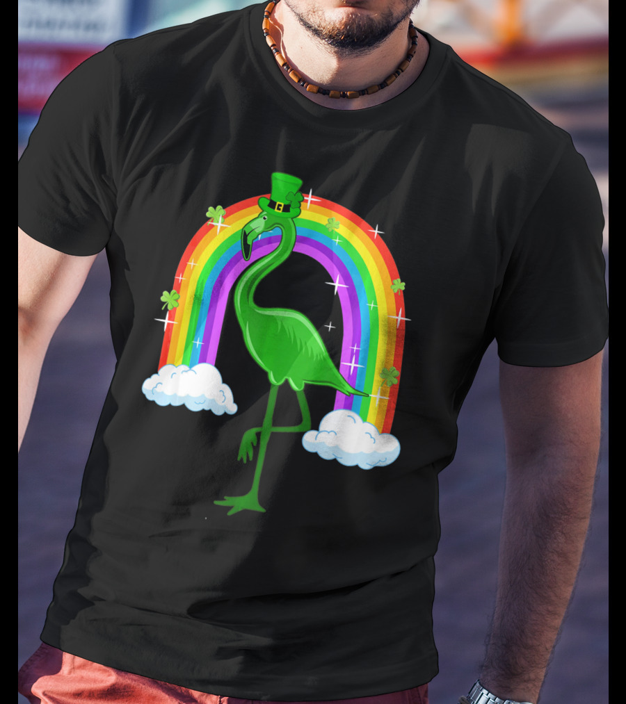 Leprechaun Flamingo With Rainbow And Clovers T-Shirt