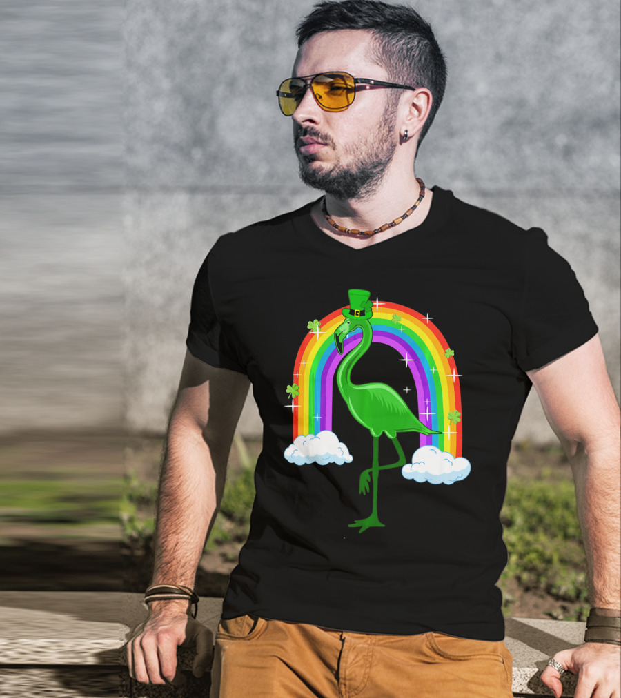 Leprechaun Flamingo With Rainbow And Clovers T-Shirt