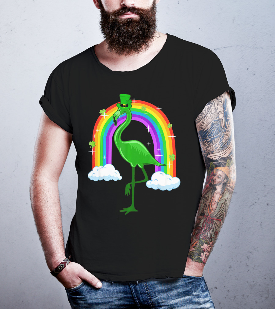 Leprechaun Flamingo With Rainbow And Clovers T-Shirt