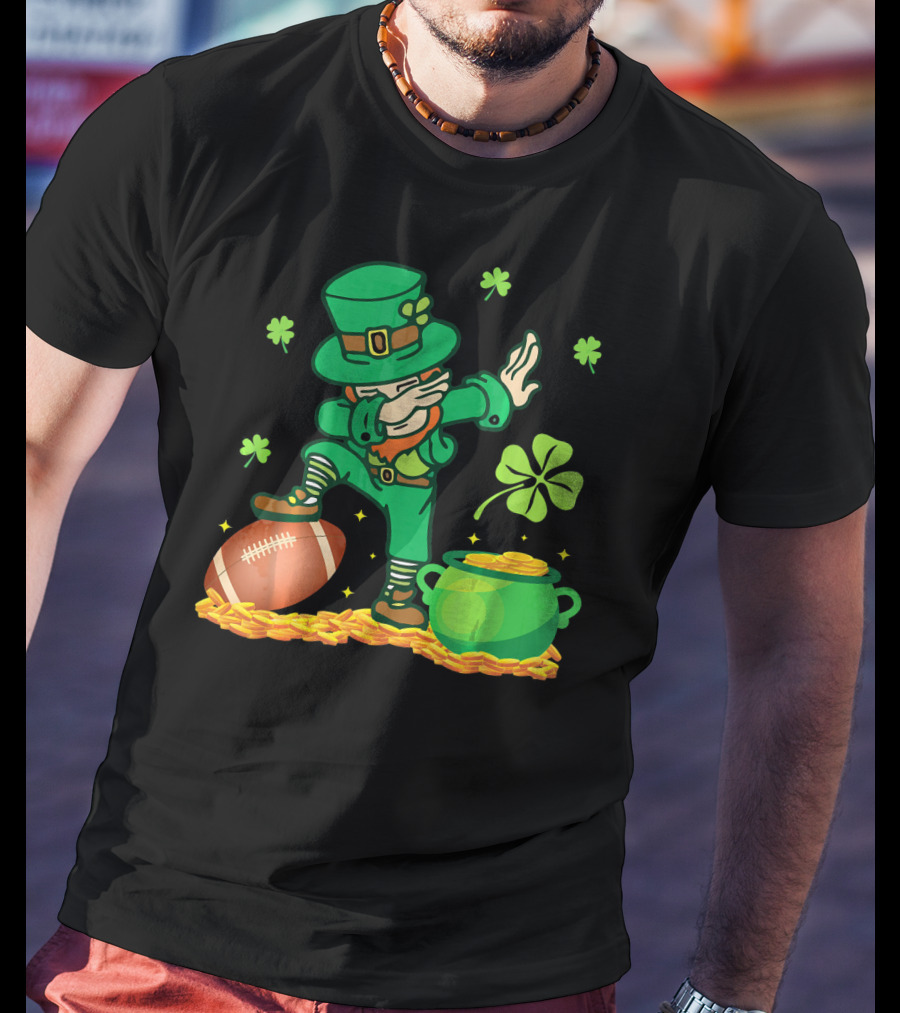 Leprechaun Dabbing With Football Shamrocks And Pot Of Gold T-Shirt