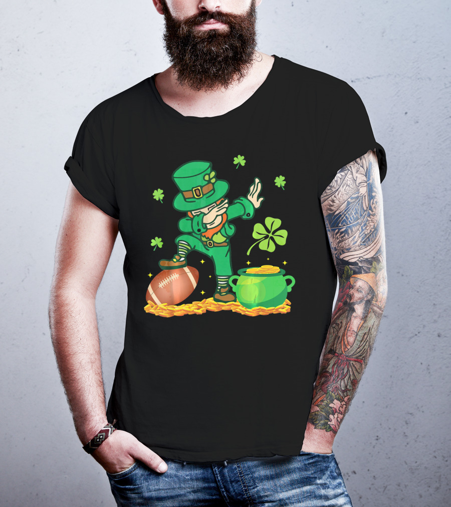 Leprechaun Dabbing With Football Shamrocks And Pot Of Gold T-Shirt