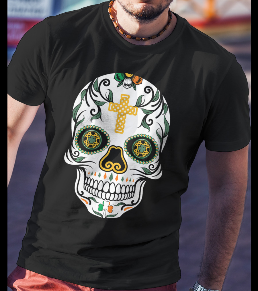 Cinco De Mayo Shamrock Sugar Skull Celtic Cross Floral T-Shirt