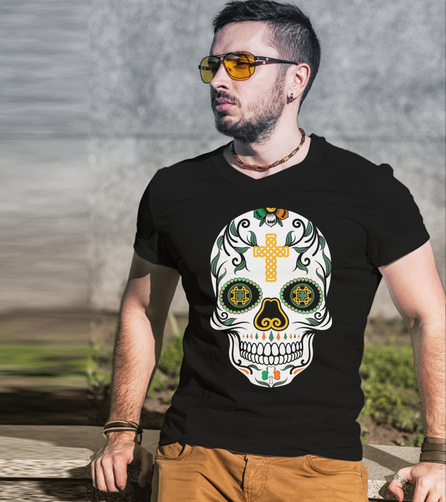 Cinco De Mayo Shamrock Sugar Skull Celtic Cross Floral T-Shirt