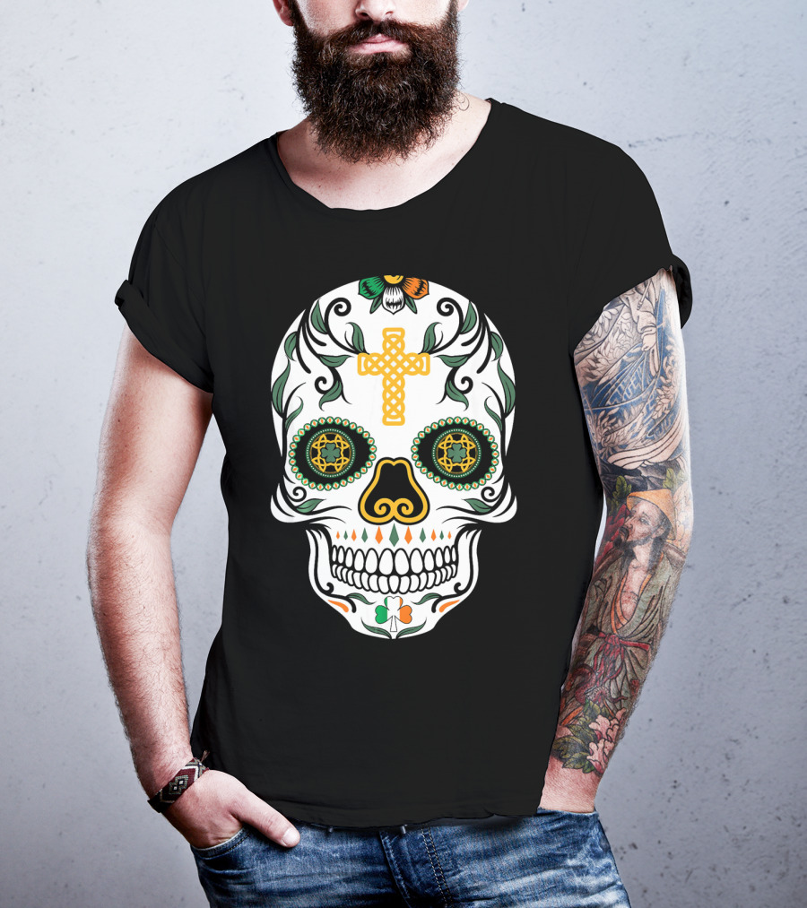 Cinco De Mayo Shamrock Sugar Skull Celtic Cross Floral T-Shirt