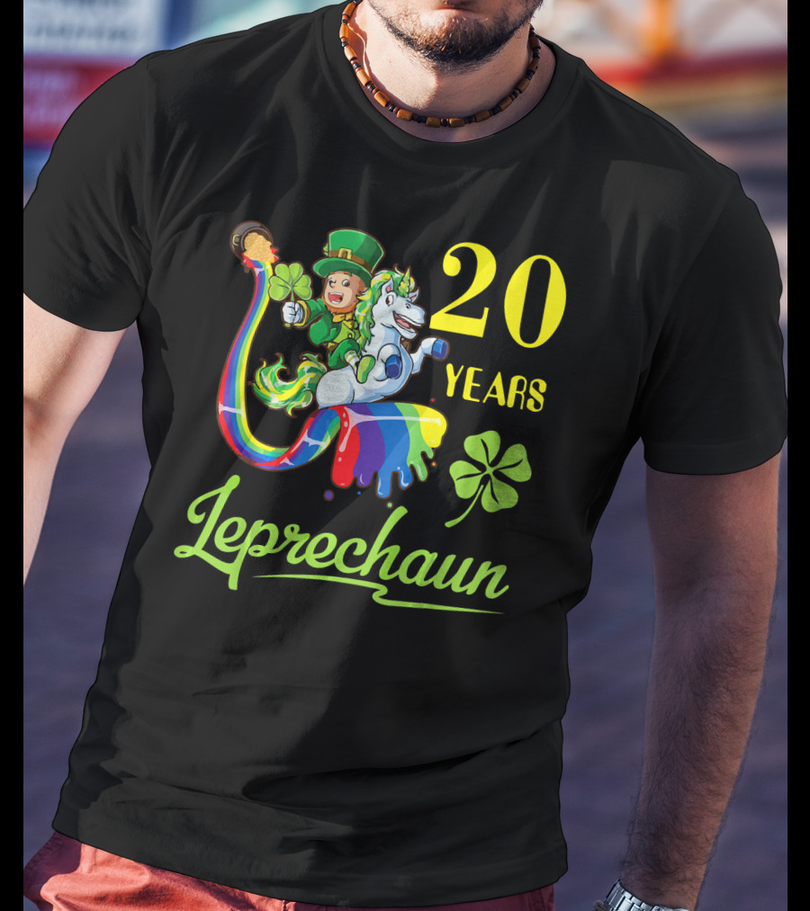20 Years Leprechaun Riding Unicorn Rainbow Shamrock T-Shirt
