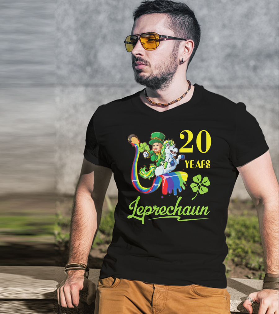20 Years Leprechaun Riding Unicorn Rainbow Shamrock T-Shirt