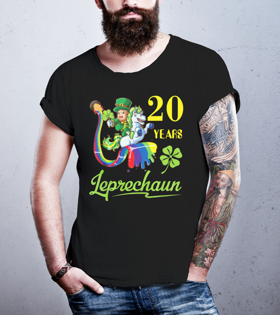 20 Years Leprechaun Riding Unicorn Rainbow Shamrock T-Shirt