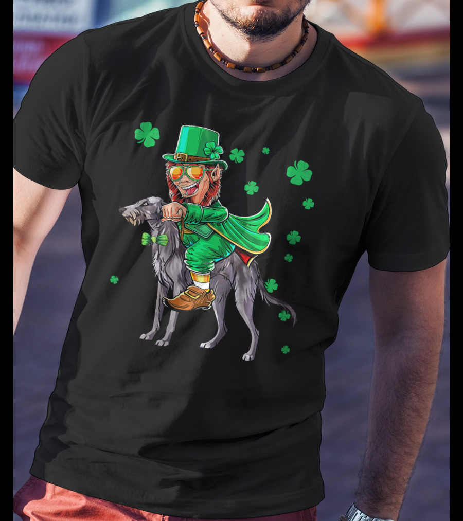 Leprechaun Riding Scottish Deerhound With Shamrocks T-Shirt