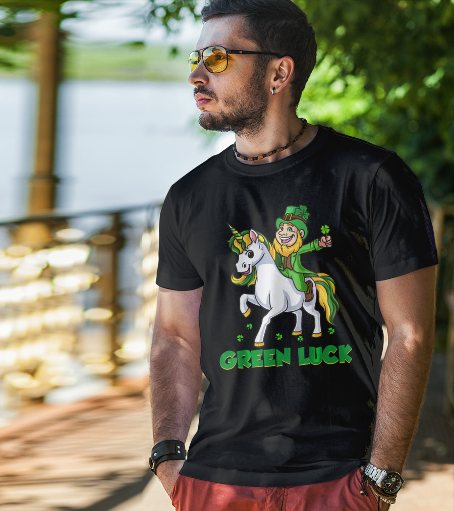 Green Luck Leprechaun Holding Shamrock Riding Unicorn T-Shirt