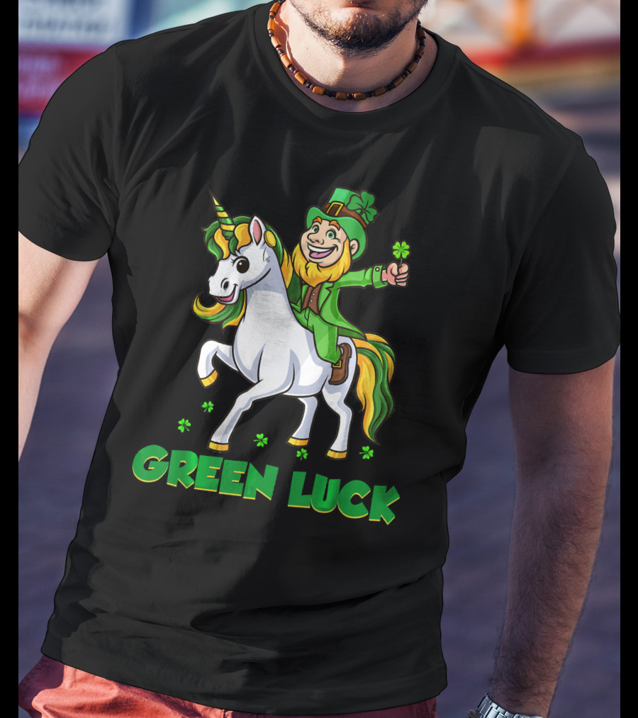 Green Luck Leprechaun Holding Shamrock Riding Unicorn T-Shirt