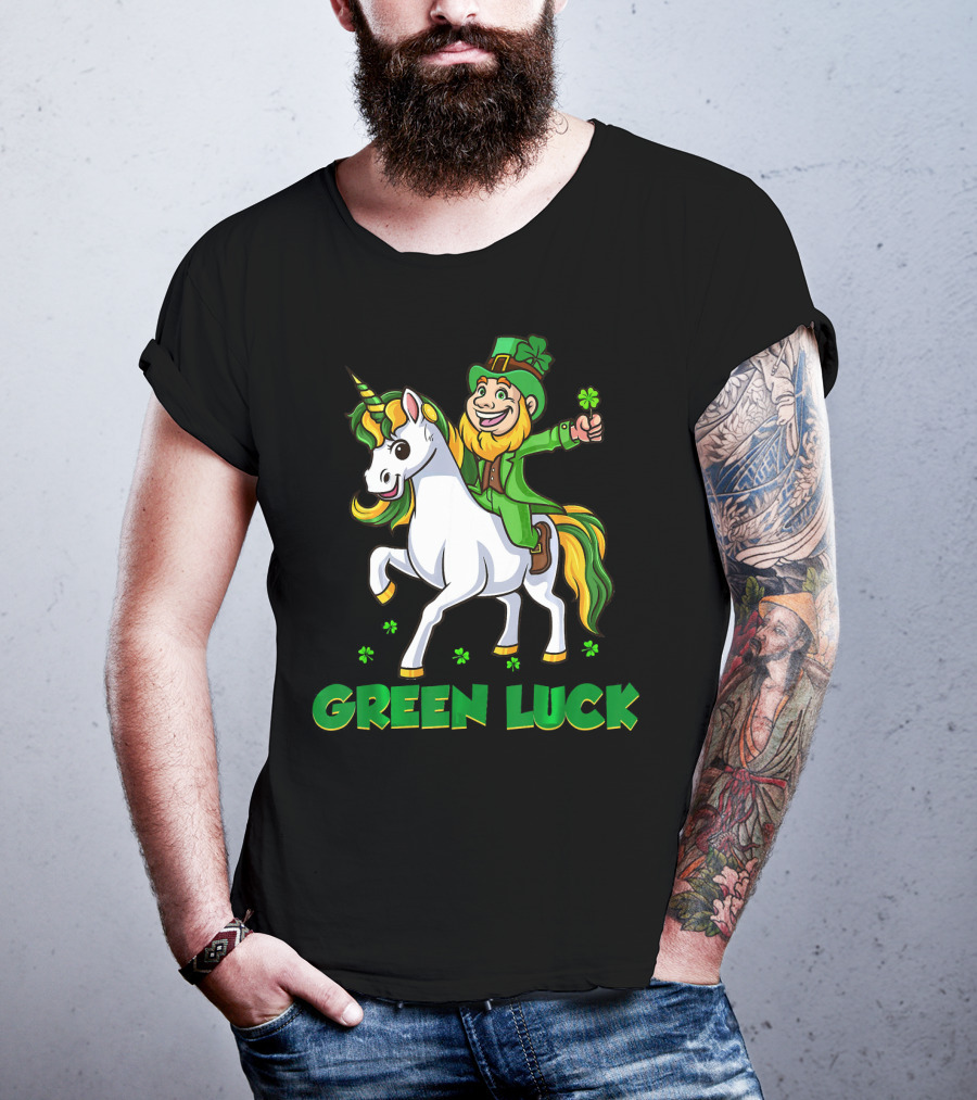 Green Luck Leprechaun Holding Shamrock Riding Unicorn T-Shirt
