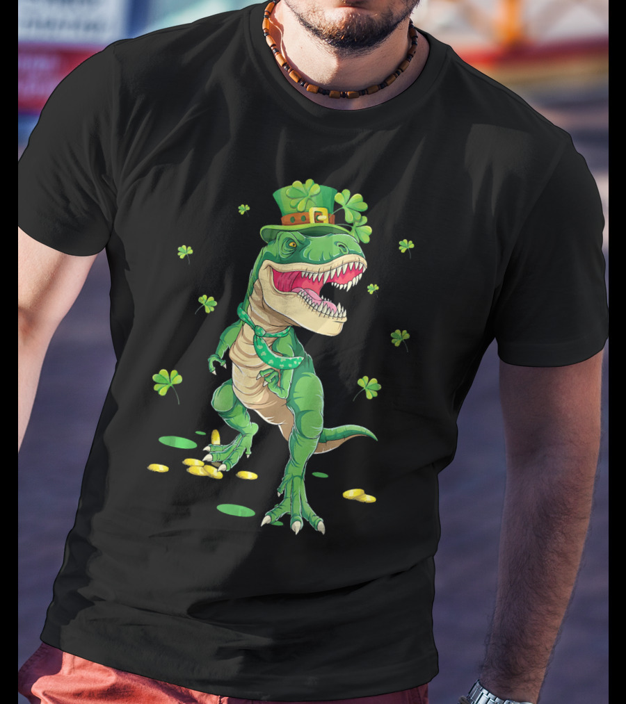 Happy St. Patrick’s Day Dinosaur Leprechaun Shamrocks Gold T-Shirt