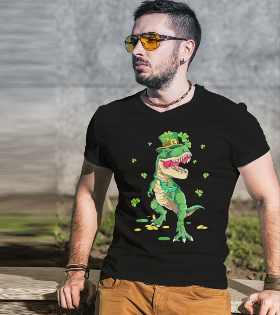 Happy St. Patrick’s Day Dinosaur Leprechaun Shamrocks Gold T-Shirt