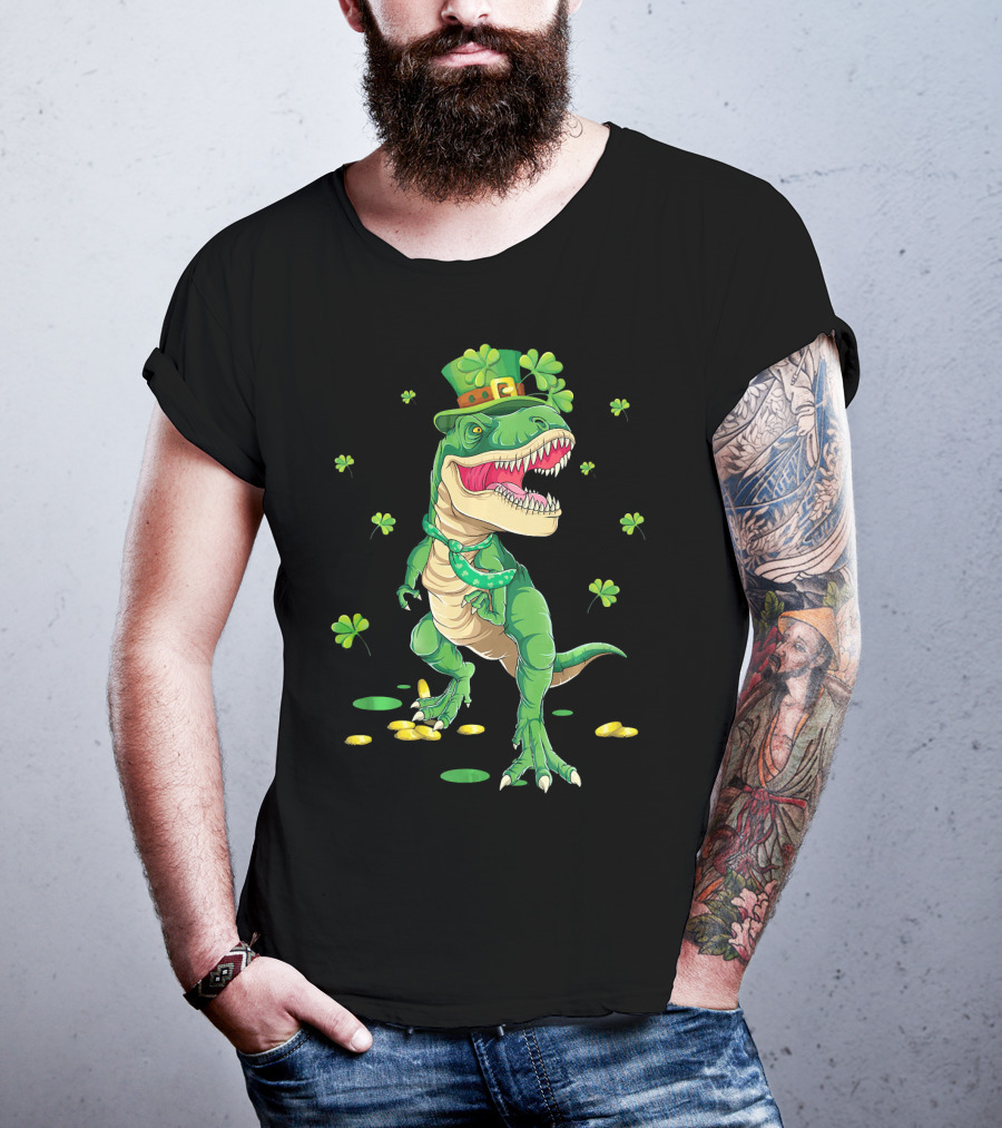 Happy St. Patrick’s Day Dinosaur Leprechaun Shamrocks Gold T-Shirt