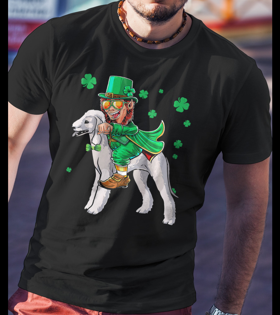 Leprechaun Riding Bedlington Terrier With Shamrock Elements T-Shirt