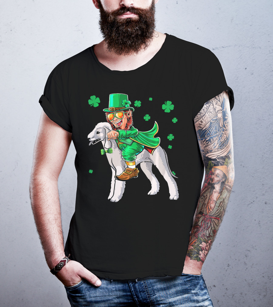 Leprechaun Riding Bedlington Terrier With Shamrock Elements T-Shirt