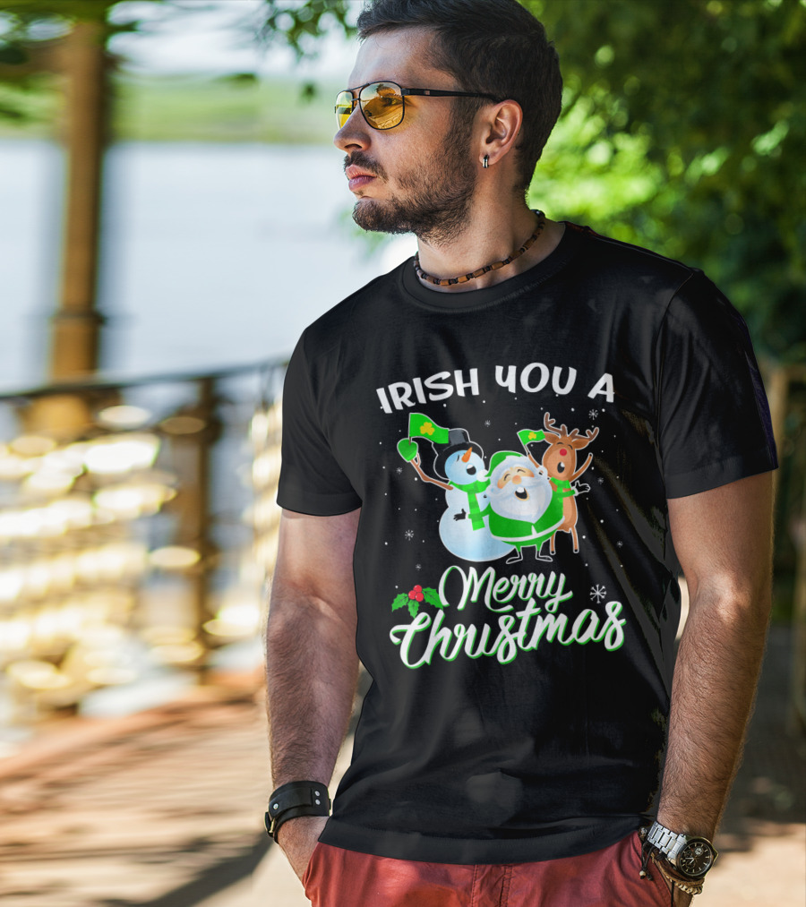 Irish You A Merry Christmas Snowman Santa Reindeer T-Shirt