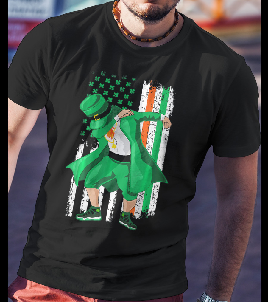 Dabbing Leprechaun With Shamrock And Irish American Flag Background T-Shirt