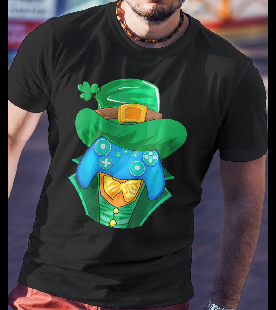 Leprechaun Gamer Controller St Patrick's Day Shamrock Hat Bowtie T-Shirt