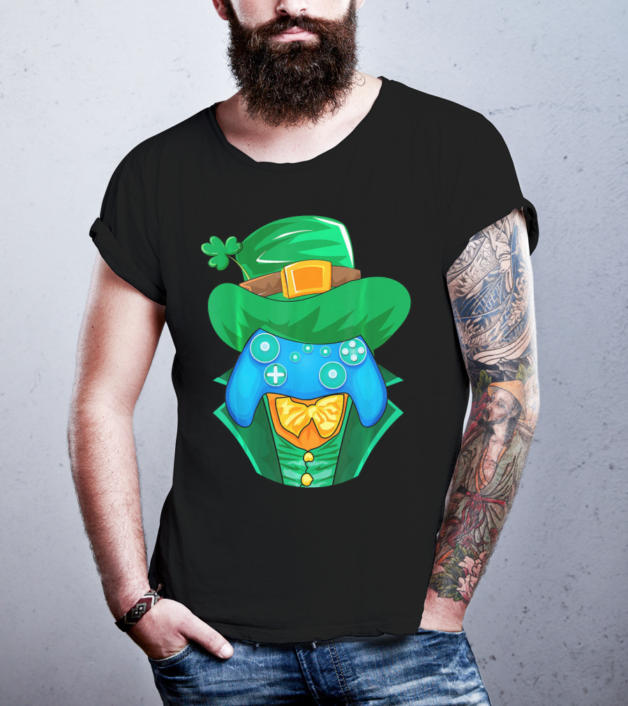 Leprechaun Gamer Controller St Patrick's Day Shamrock Hat Bowtie T-Shirt