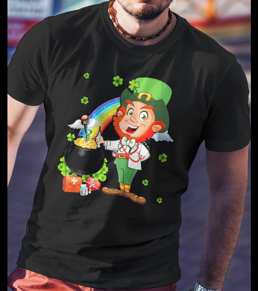 Lucky Medical Scrub Nurse Doctor Leprechaun With Pot Of Gold And Rainbow T-Shirt