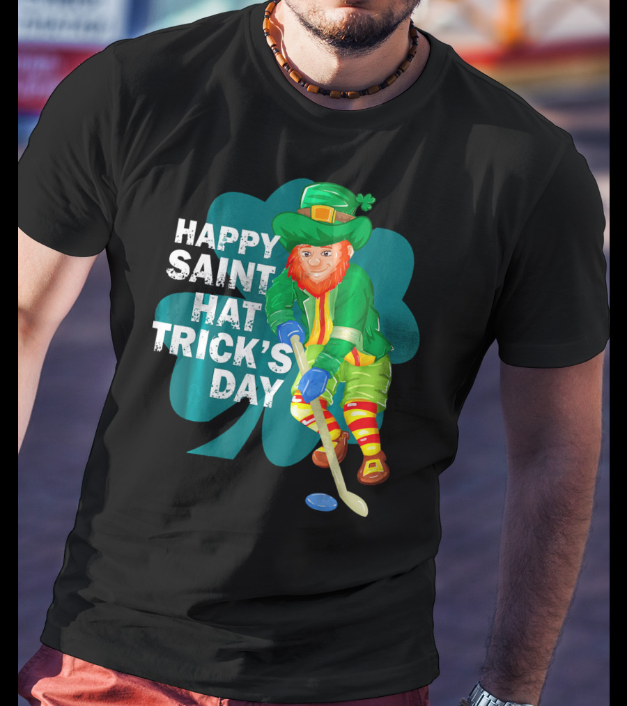 Happy Saint Hat Trick's Day Leprechaun Hockey Player Shamrock Ice T-Shirt