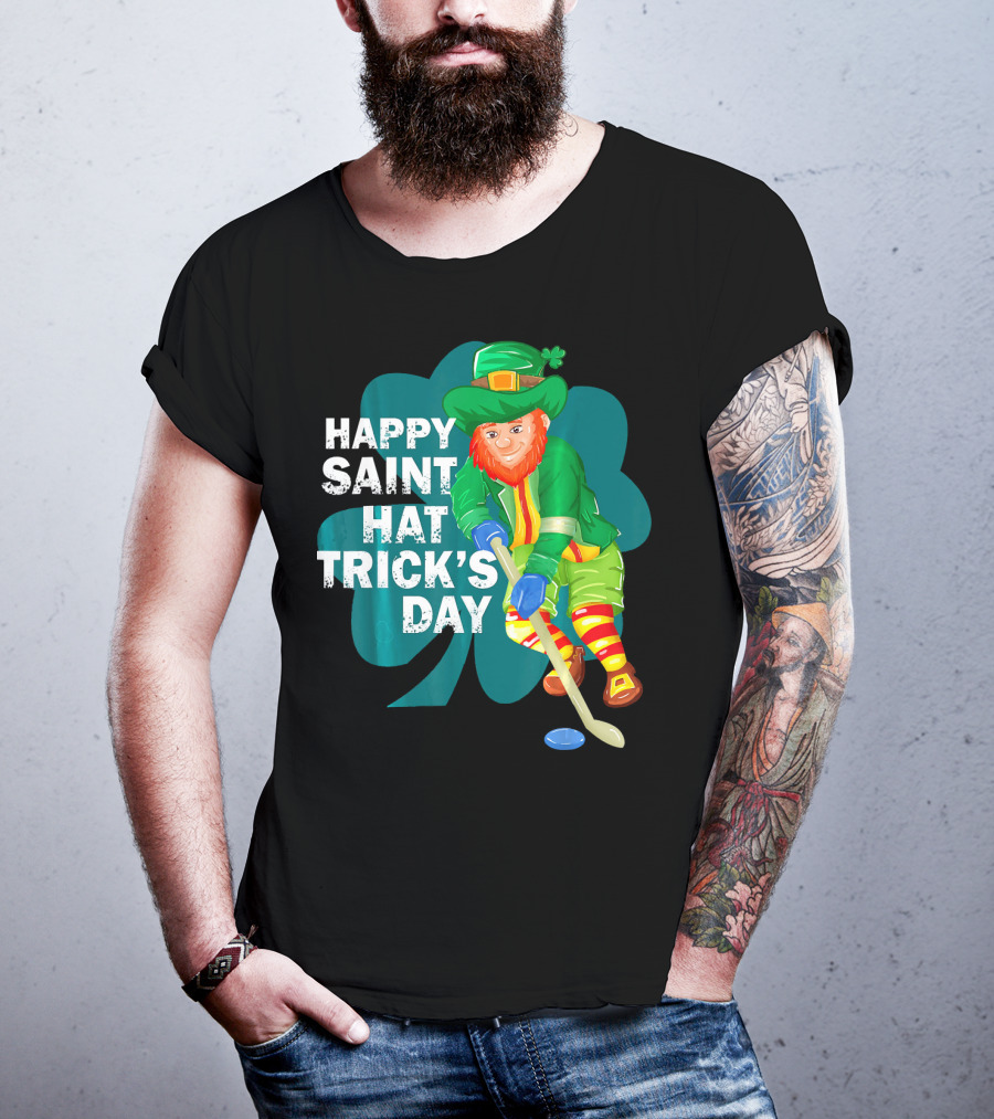 Happy Saint Hat Trick's Day Leprechaun Hockey Player Shamrock Ice T-Shirt